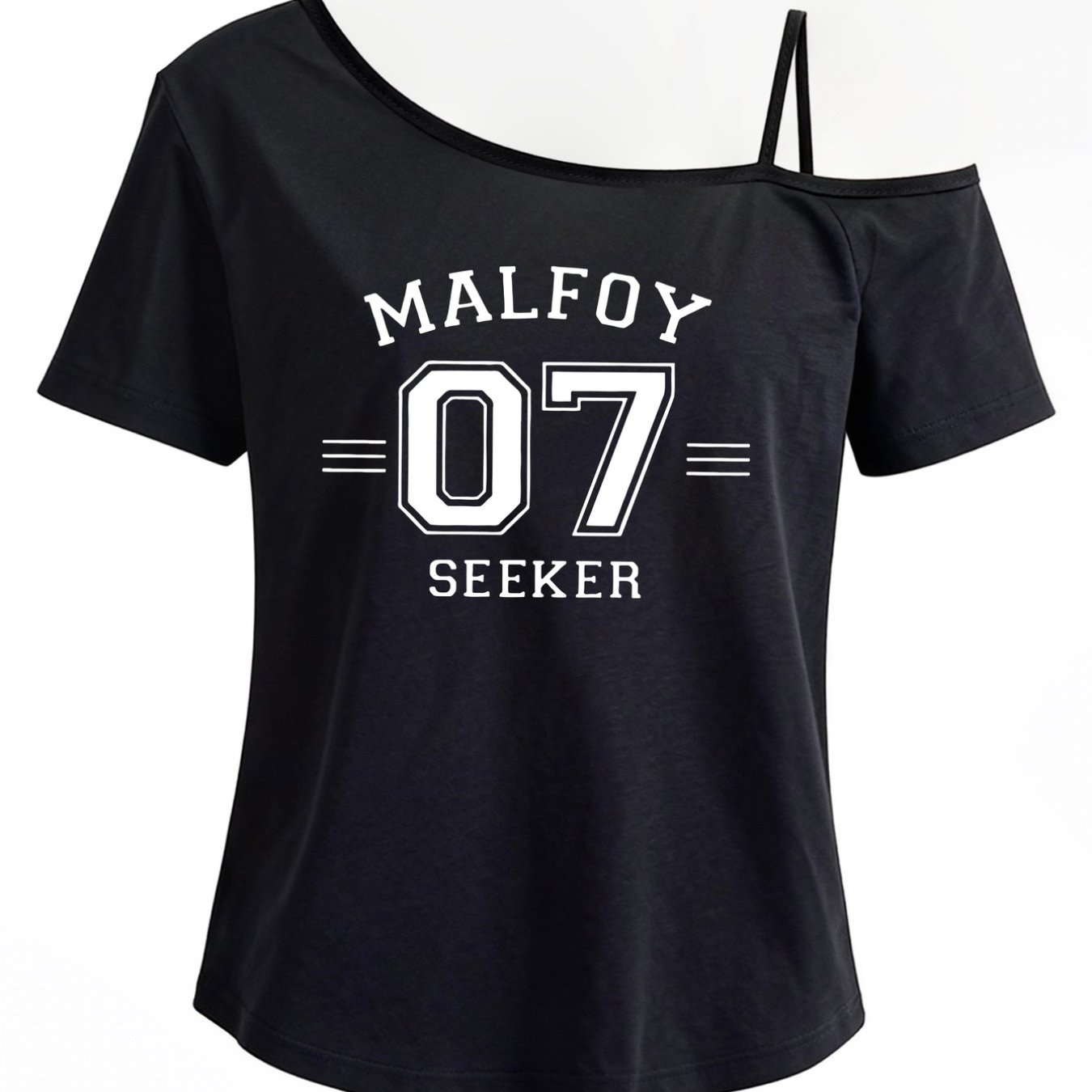 TEMU 07 Printed Off-shoulder T-shirt - Single Strap Short Sleeve Blouse Top With Iconic , Casual Suitable For - Wear, Machine Washable Non- Shirt