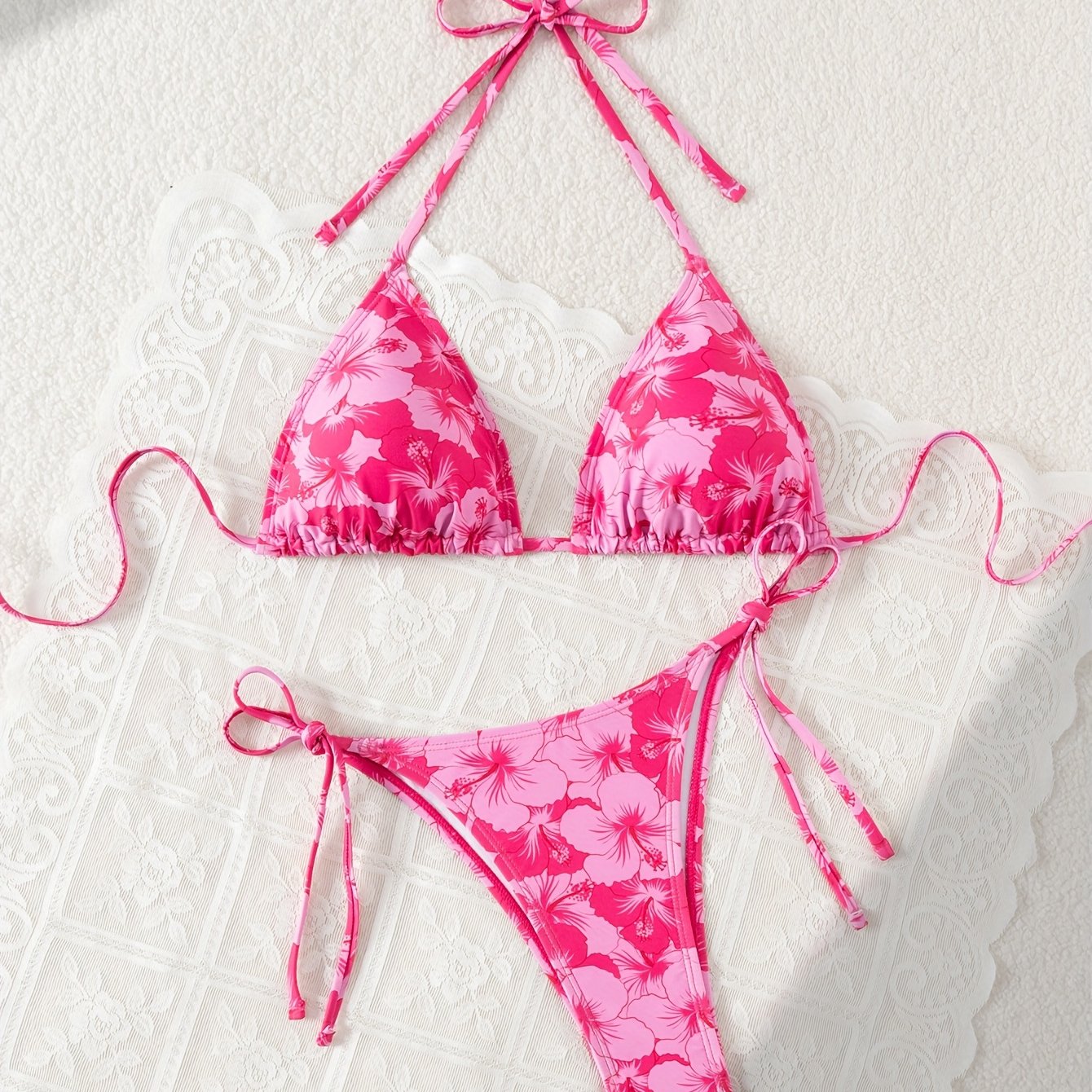 E-shop Blumenmuster Dreieck-Halter Bikini-Set 2-teilig, Rückenbindung Stretch-Badeanzug, Damen Bademode Kleidung Dreieck-Top
