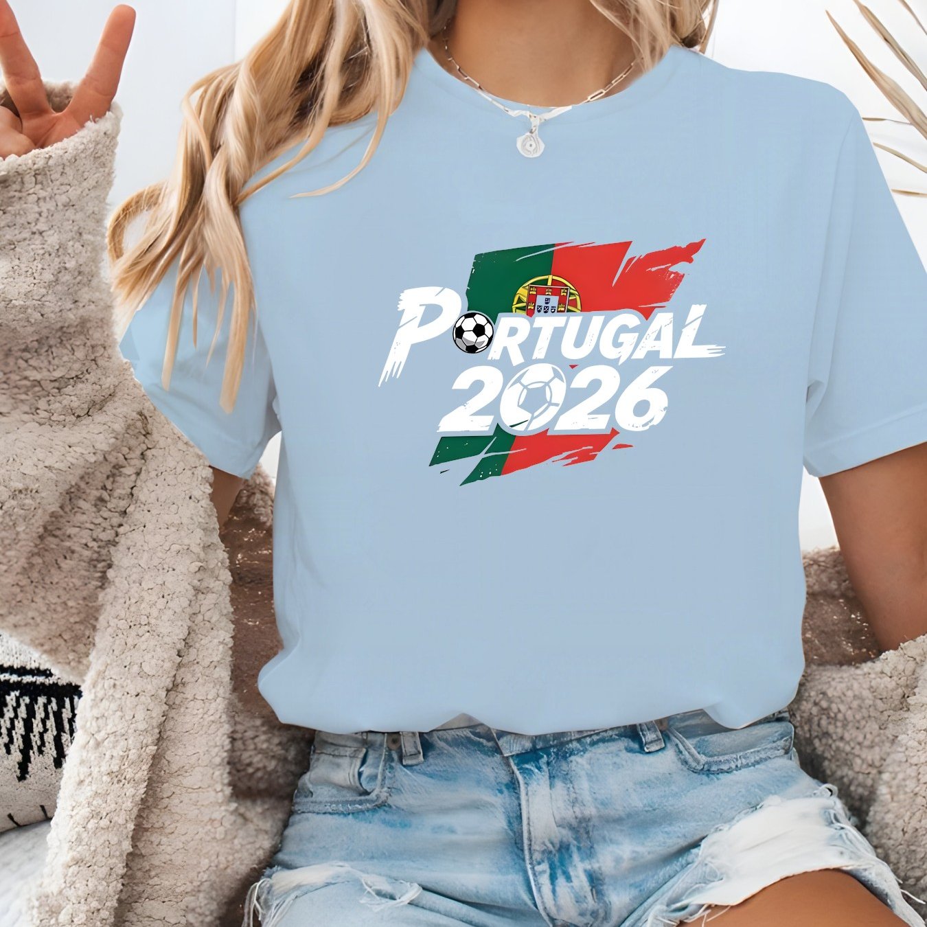 TEMU Casual Women's Short-sleeve T-shirt With A Portugal 2026 Football Design, Wear And, Featuring A Round Neck And Suitable For Summer, Machine