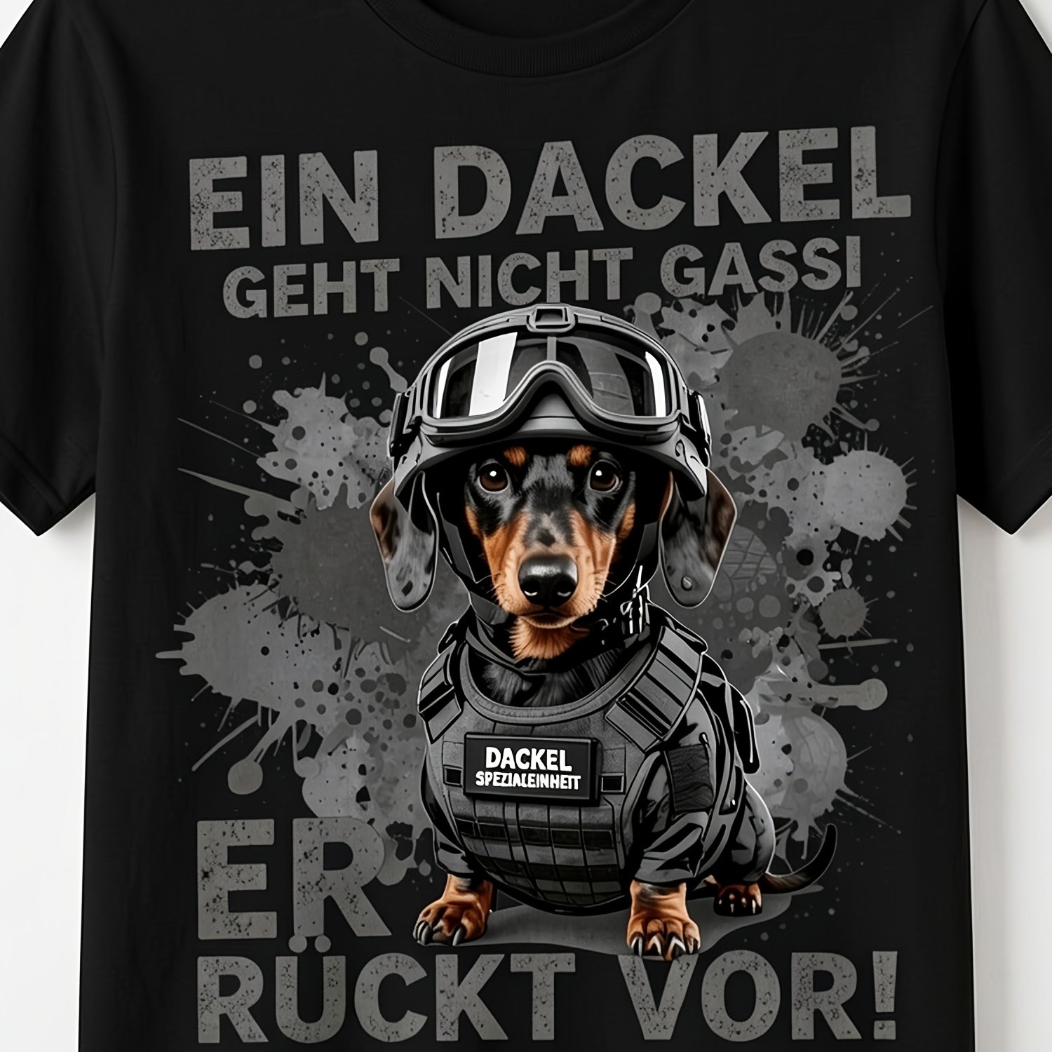 Image of Plus Size Funny Dachshund T-shirt With Text 'ein Dackel Geht Nicht Er Ruckt Vor' A Dachshund, Black For Men Women Unisex Funny T-shirt, 180g Big And Tall, Plus Size