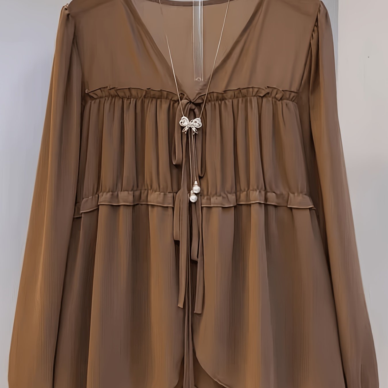 TEMU Chemisier en mousseline fine couleur unie à devant, mode printemps été, , couvrant le ventre, col en V, dentelle à volants, anti-âge, manches