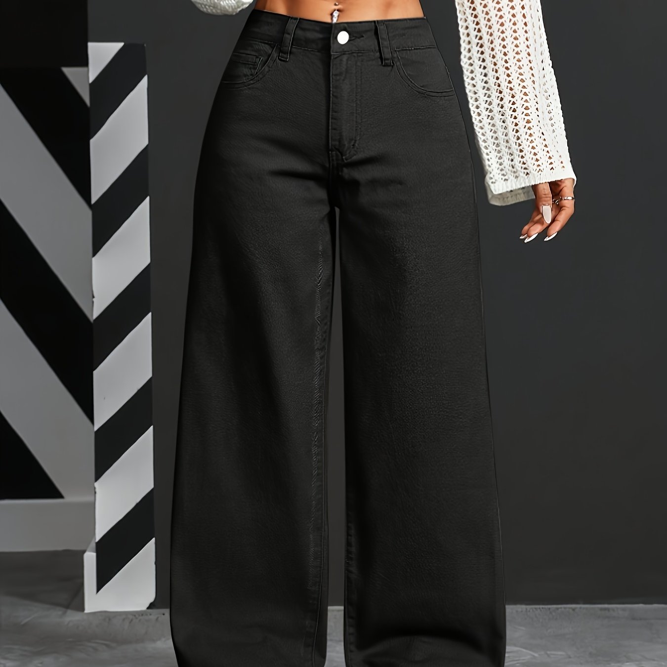 E-shop Damen High Waist Schwarze Weite Bein Jeans, Baggy Stretchy Denim Hosen, Y2K Streetwear Casual Locker 90S Retro Boyfriend, Weiche Viskose