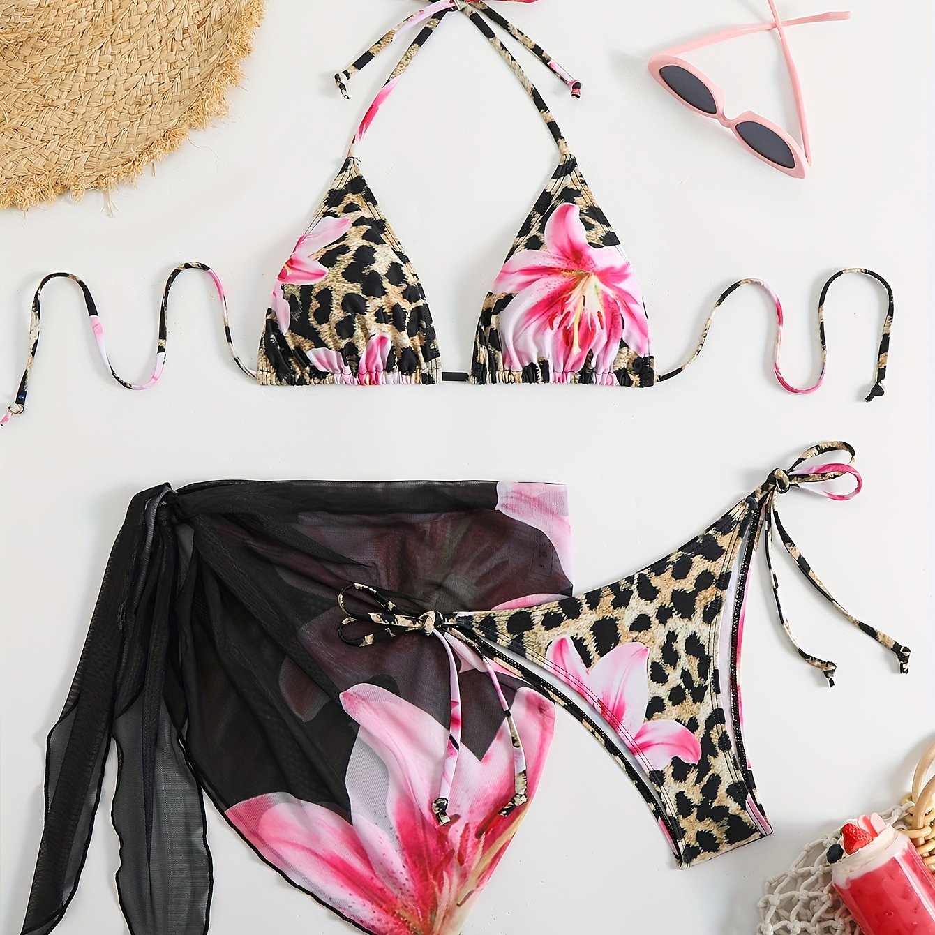 Image of 3pcs Women's Printed Top And Triangle Bikini Bottom Beach Dress Style Swimwear, Sexy Leopard Print