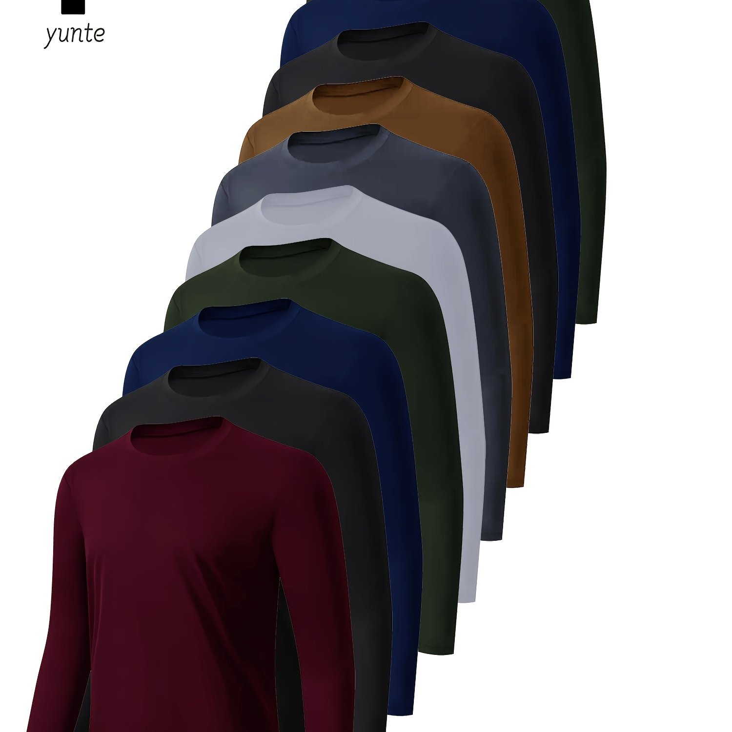10pcs Of 's Long Sleeve Crewneck Shirts In , Black, Navy, Army Green, White, Gray, Khaki, Black, Navy, Army Green - Quick-dry Athletic Tops For Fitness, Casual Outdoor Wear, And Body Shaping