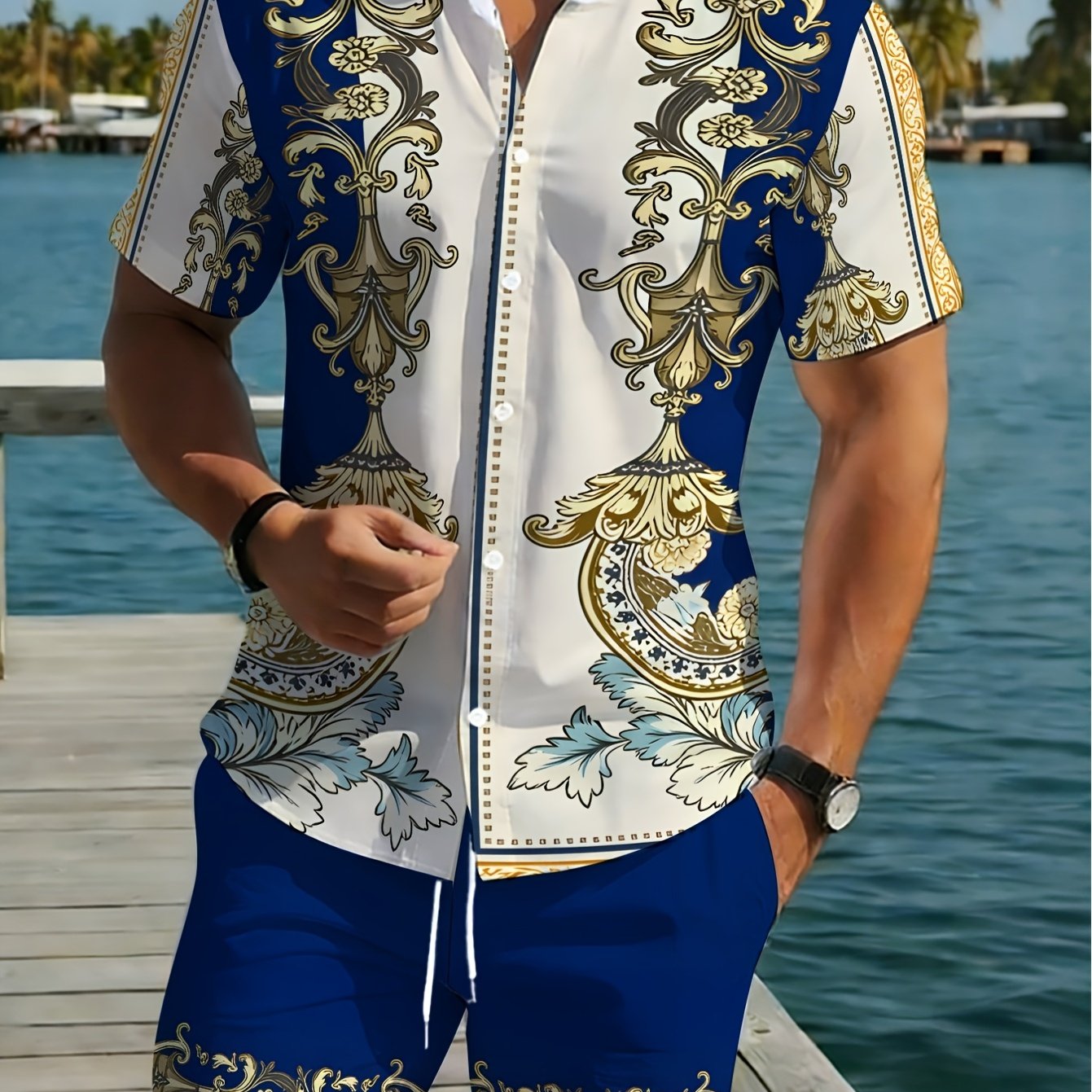 TEMU Men's Shirt And Shorts Set, Light Luxury Vintage Style, With Baroque Floral Pattern, , Suitable For Daily And Casual Wear