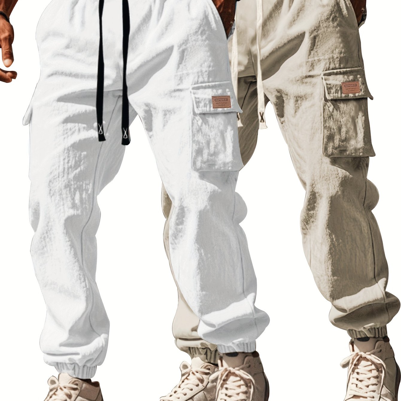 2pcs Men's Cotton Cargo Pants, Casual Multi-pocket Drawstring Trousers