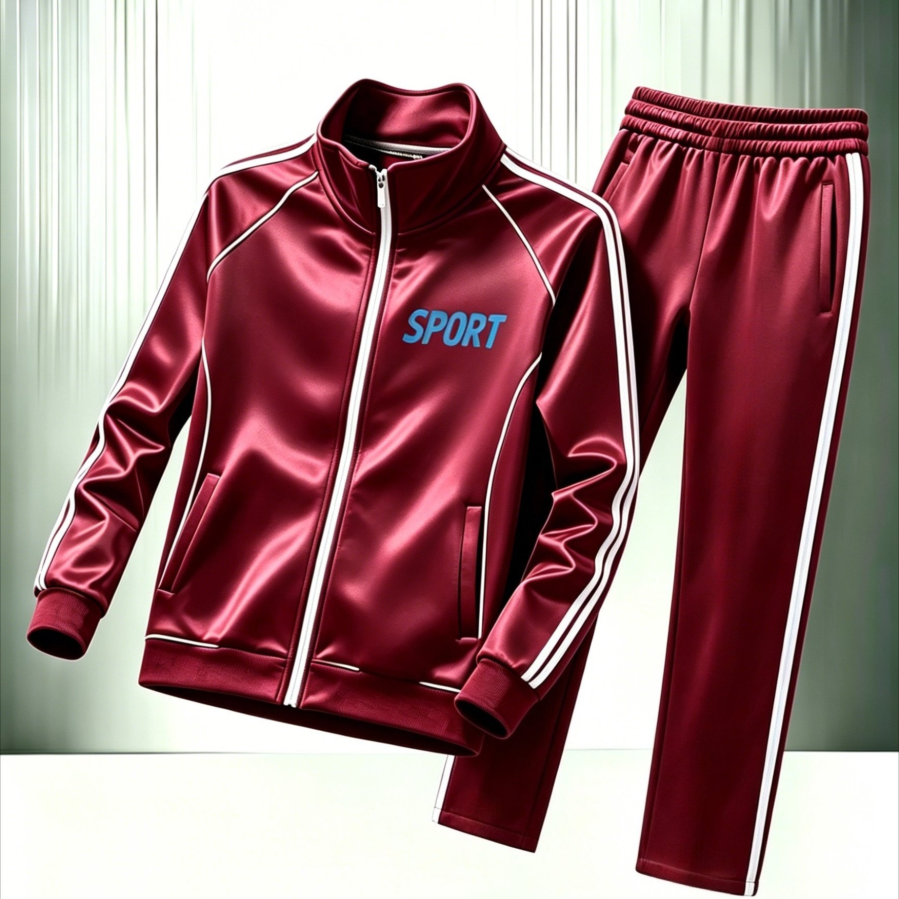 TEMU Men's Stand Collar Cardigan Set Casual Sports Red 2 Piece Outfit With White Side Stripes And Sport Print