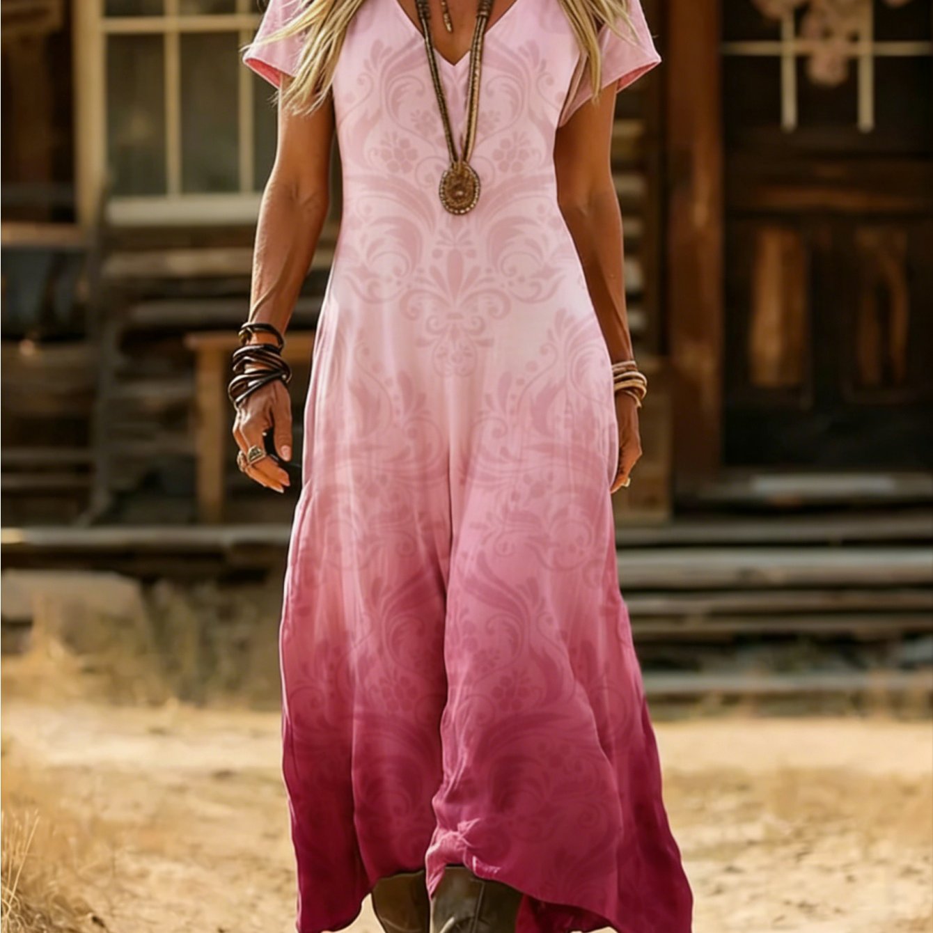Image of Spring And Summer -neck Women's Long Dress, Vintage Simple Pink Gradient Printed Short Sleeve Western Cowboy Style Long Dress, Elastic Material, Comfortable Casual Women's Dress, Machine Washable 2026
