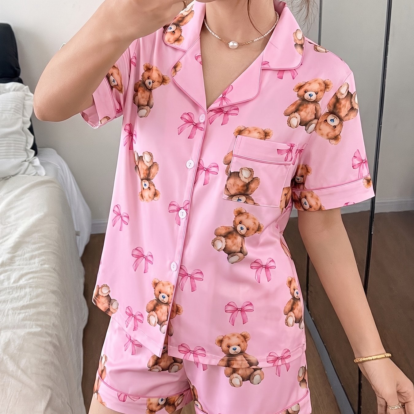 TEMU Ladies' Pajama Set Cute Pink Bear Bow Full Print Short Sleeve Shorts Cardigan Flip Collar Button Elastic Waist Soft, Lightweight, Breathable And