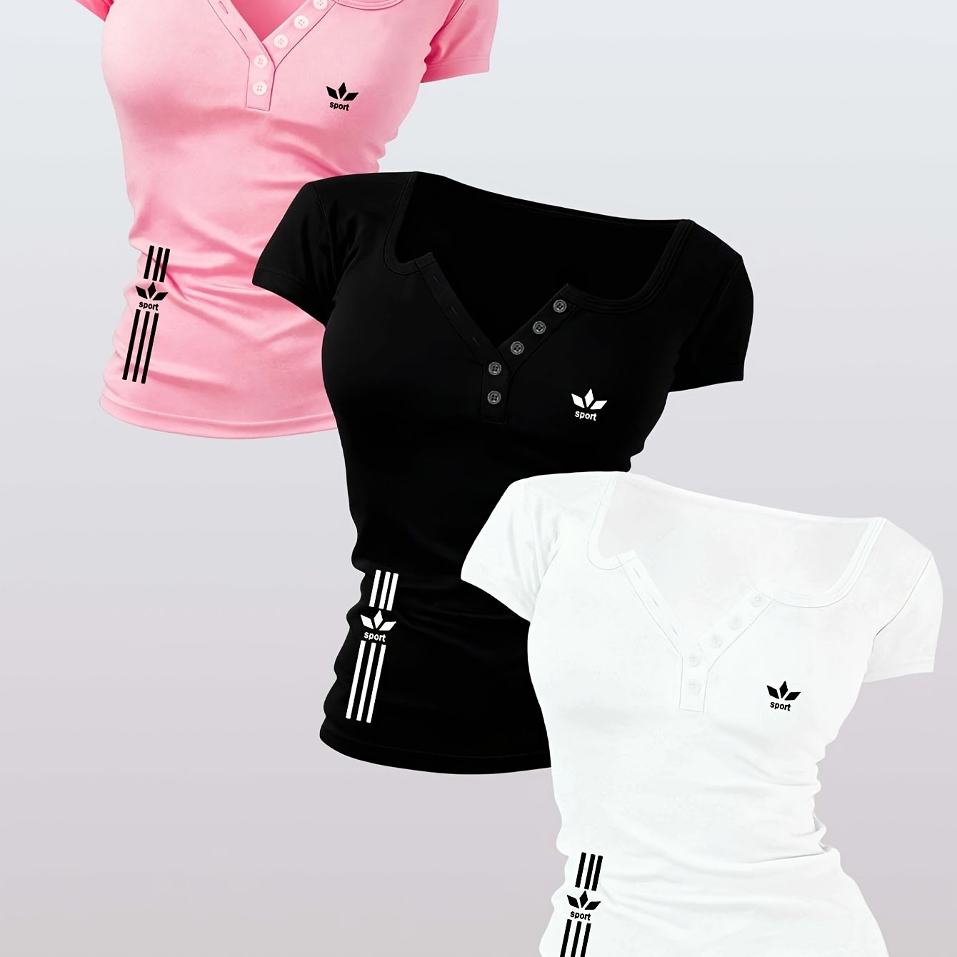 TEMU 3pcs , Slim Fit, Artistic Pattern Women's Hot Outfit Clothing Button Hot Sexy Design Non-v-neck Women's T-shirt, Suitable For Spring, Summer
