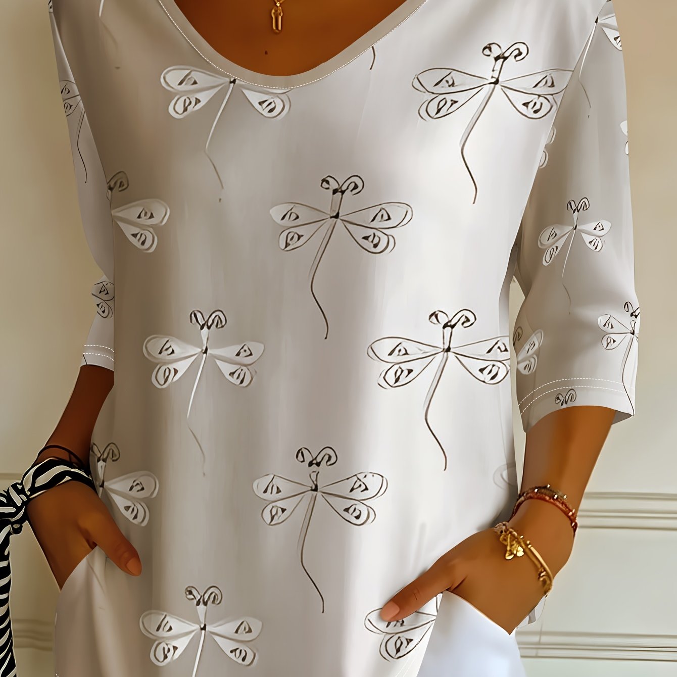 TEMU Women's V-neck Three-quarter Sleeve Top, Gray White Dragonfly Easy Style Pattern Print, Minimalist Aesthetic Casual Top For Spring And Autumn