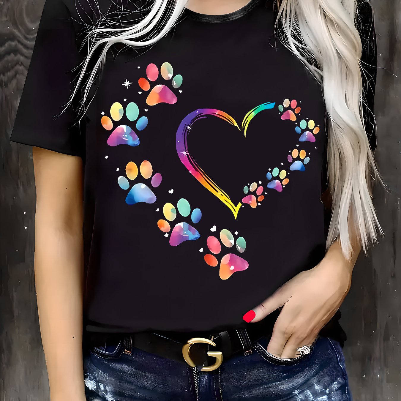 TEMU Plus Size, Print Plus Size Women's Casual T-shirt, Round Neck, Short Sleeved, Slightly Elastic Fabric, Regular Style, Comfortable Top For Women