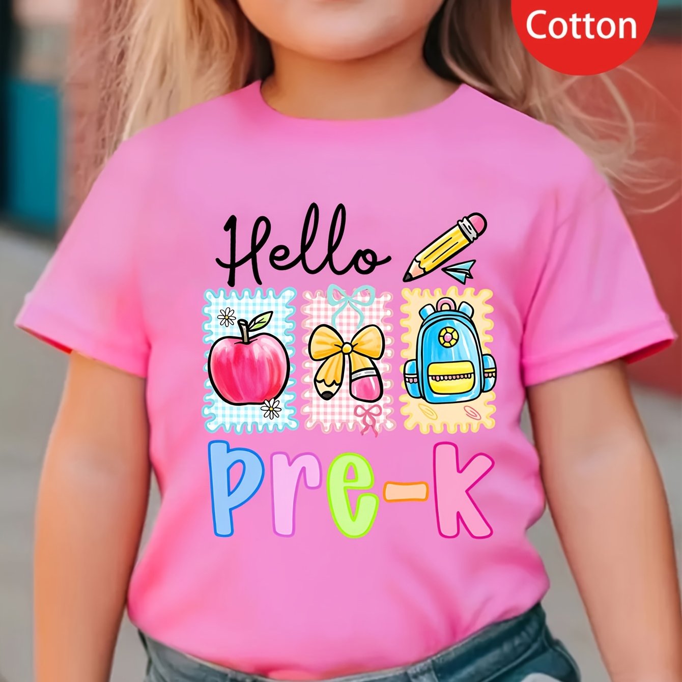TEMU Start Of 1pc New Hello Pre K School Supplies Short Sleeved 100% T-shirt Comfy Casual Tees For Girls