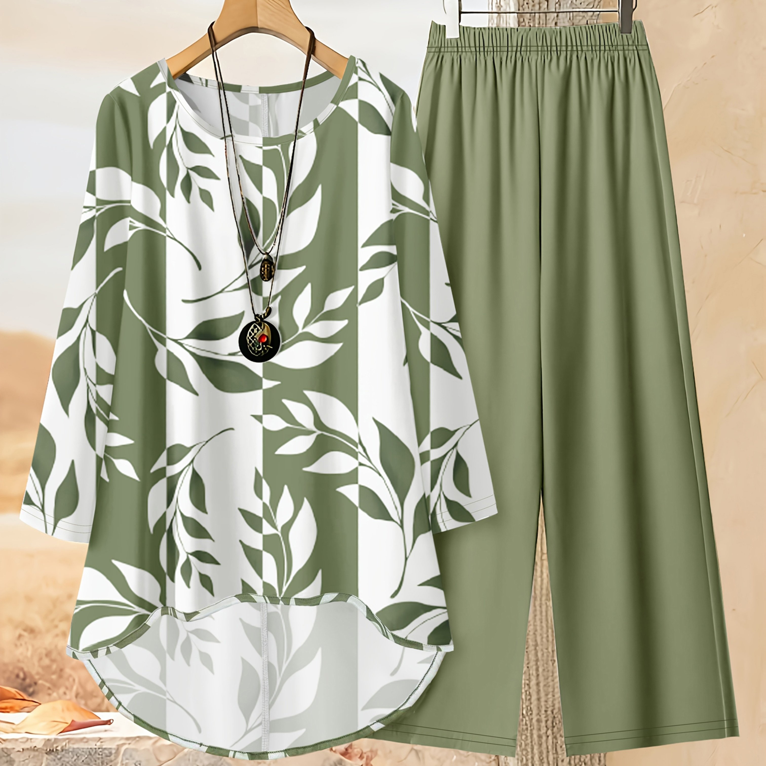 TEMU [BK0903526] Ensemble Tendance Femme : Haut à Ourlet Irrégulier avec Imprimé Digital Feuille et Pantalon Uni - Idéal pour et l'Été