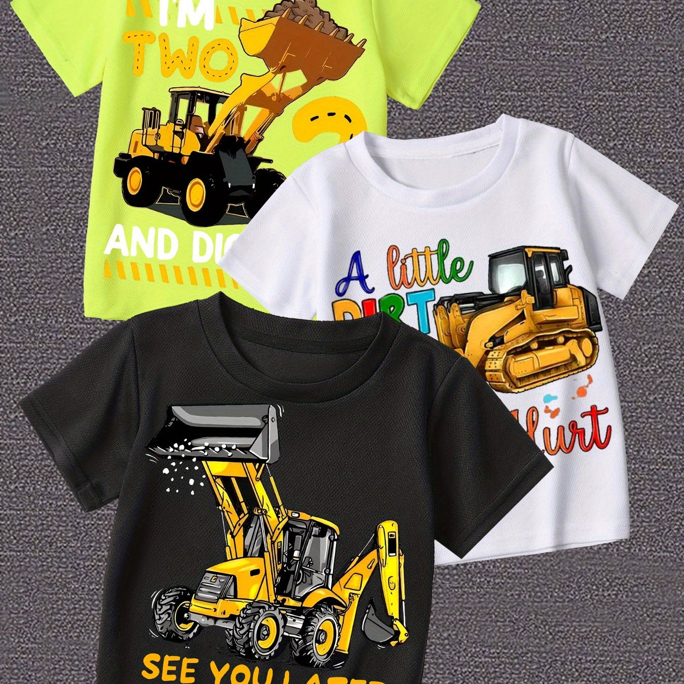 Image of Boys Must-have Excavator Fashion Cartoon Short-sleeve T-shirt Boys Fashion Comfortable Casual Round-neck Short-sleeve T-shirt 3pcs Set