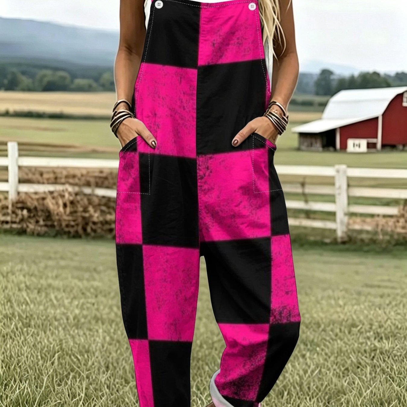 TEMU Black And Pink Checkered Distressed Printed Overalls For Women, Loose Wide-leg, Rolled-up Multi-pocket Workwear One-piece Casual Trousers
