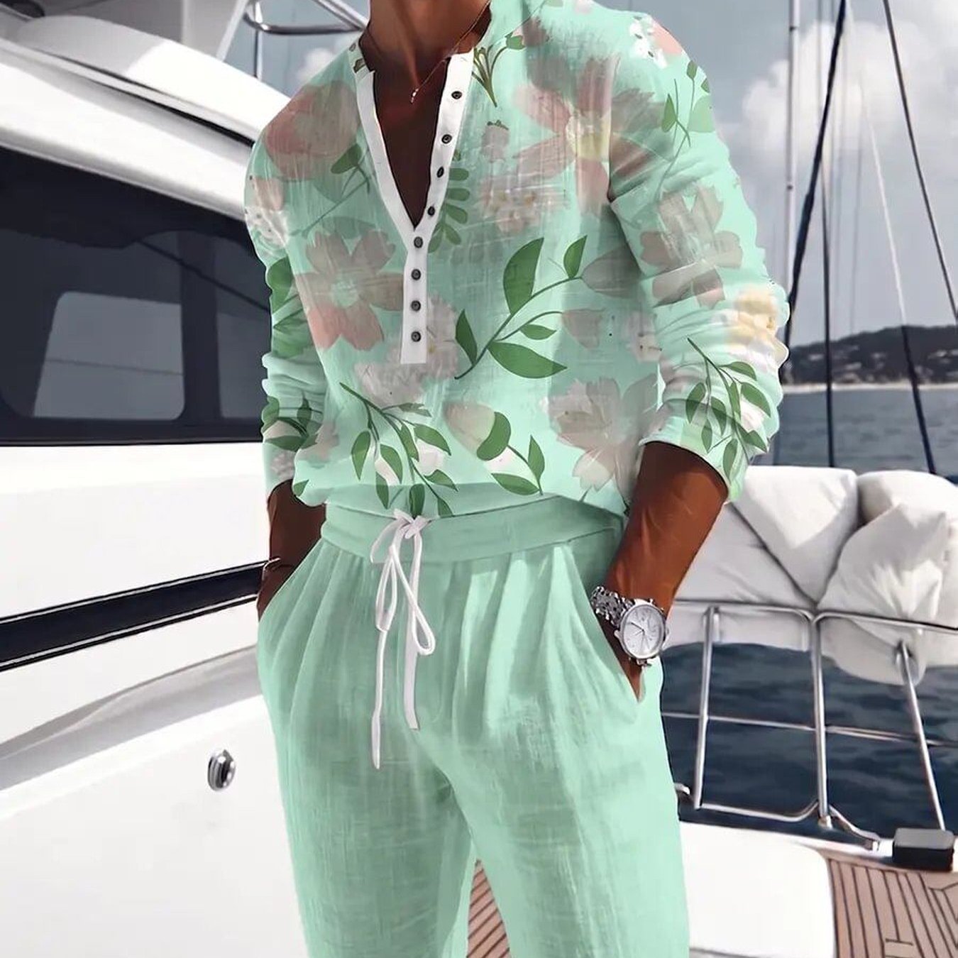 TEMU Ensemble 2 pièces, T-shirt Henley Boutonnée Col V pour Jeunes et Pantalon Décontracté, Ensemble Tendance Toutes , Motif Imprimé Géométrique