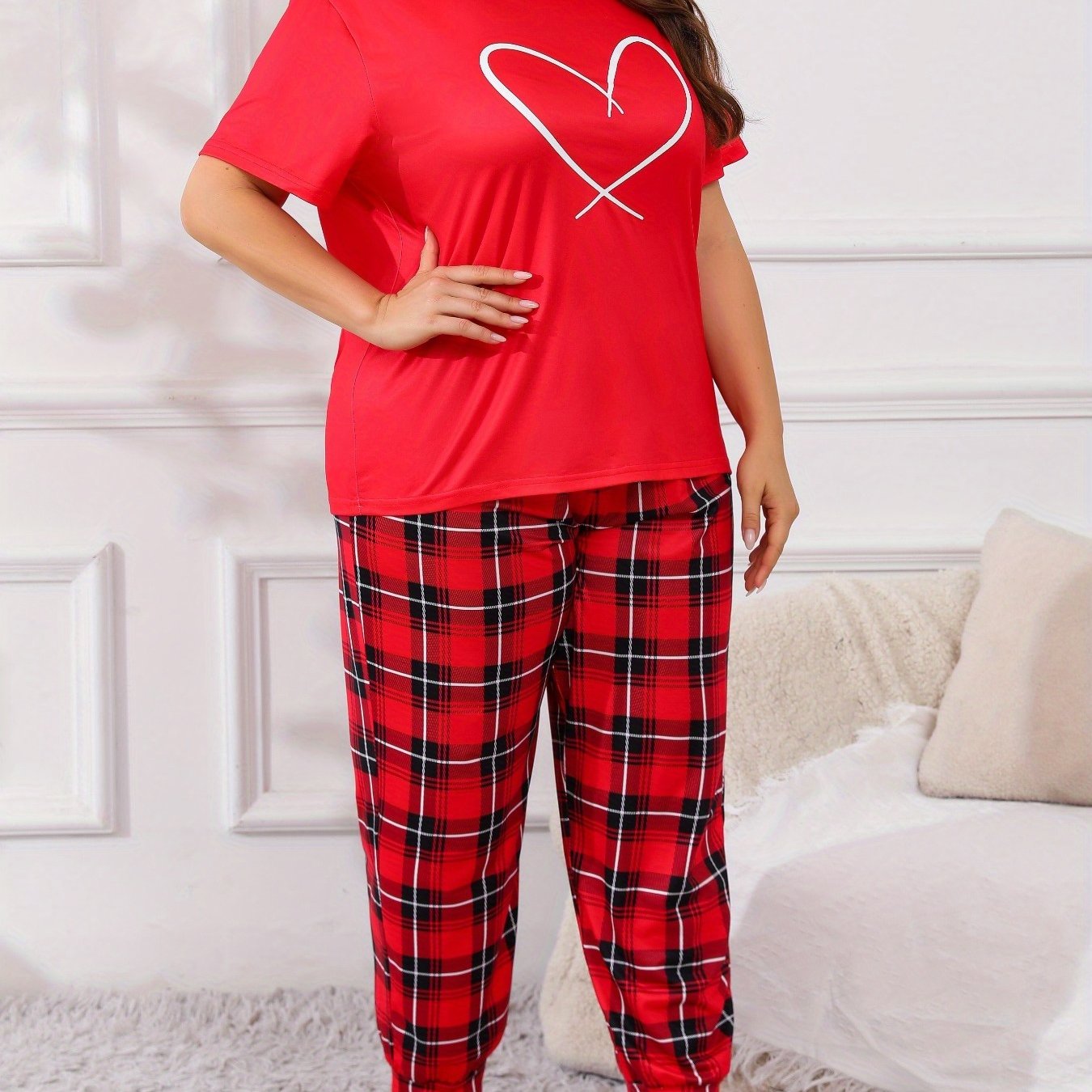 TEMU Women's T-shirt, Colored 100% T-shirt, Unisex T-shirt, Funny T-shirt, College T-shirt, Red Plaid Pattern With White Heart Outline On Top Women