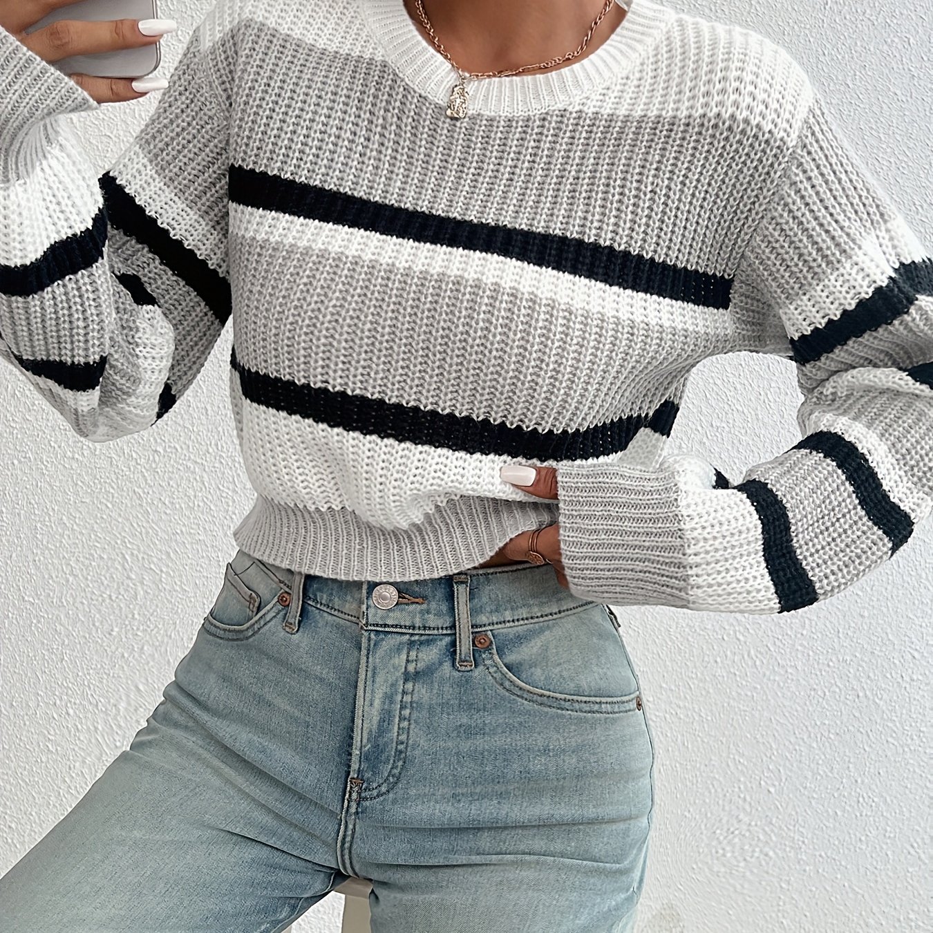 TEMU Striped Round-neck Cropped Sweater, Casual Long-sleeve Sweater For Spring And Autumn, Women's Clothing