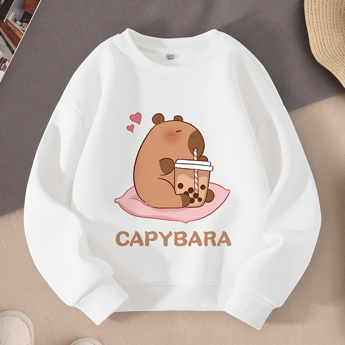 Image of Children Girls Round Neck Sweatshirt Cute Capybara Drinking Bubble Tea Print Pure Terry Fleece Thickened Autumn Winter Casual