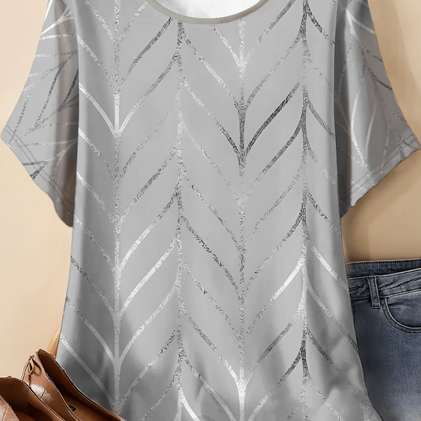 TEMU Light Gray Base Retro Herringbone Short Sleeve, Loose Plus Size Round Neck T-shirt, Light Luxury Artistic Style Casual Top For Women
