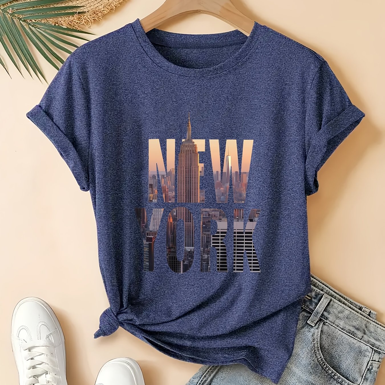 TEMU Women's Plus Size Oversized City T-shirt - Vintage Short Sleeve Round Neck Blouse With "" Print | Spring Summer Fall Casual Wear For Everyday