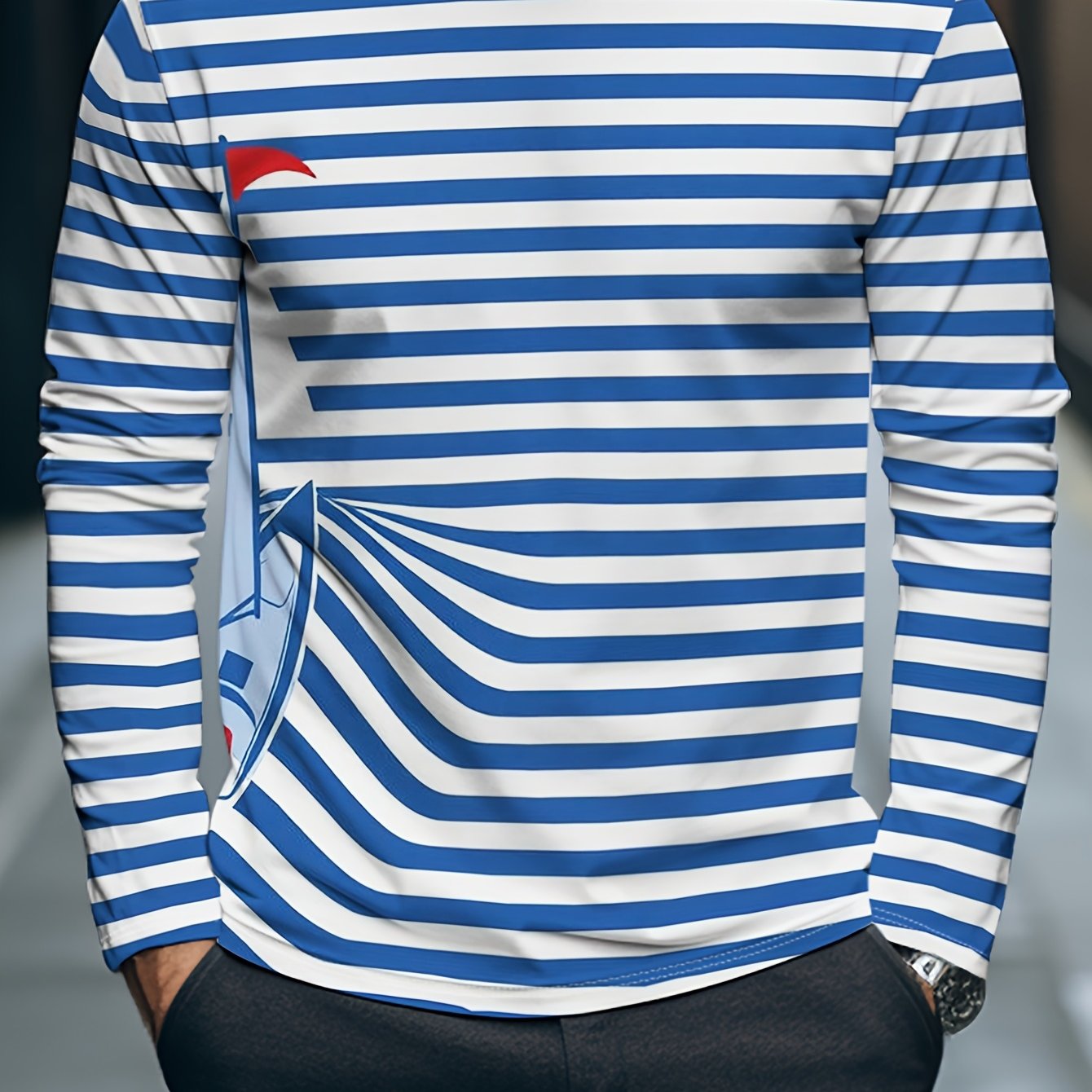 TEMU 2025 's Polyester Regular Fit Long Sleeve T-shirt, Casual Striped Sailing Print Long Sleeve Tee, Comfortable All-match Mid-age Top, Business