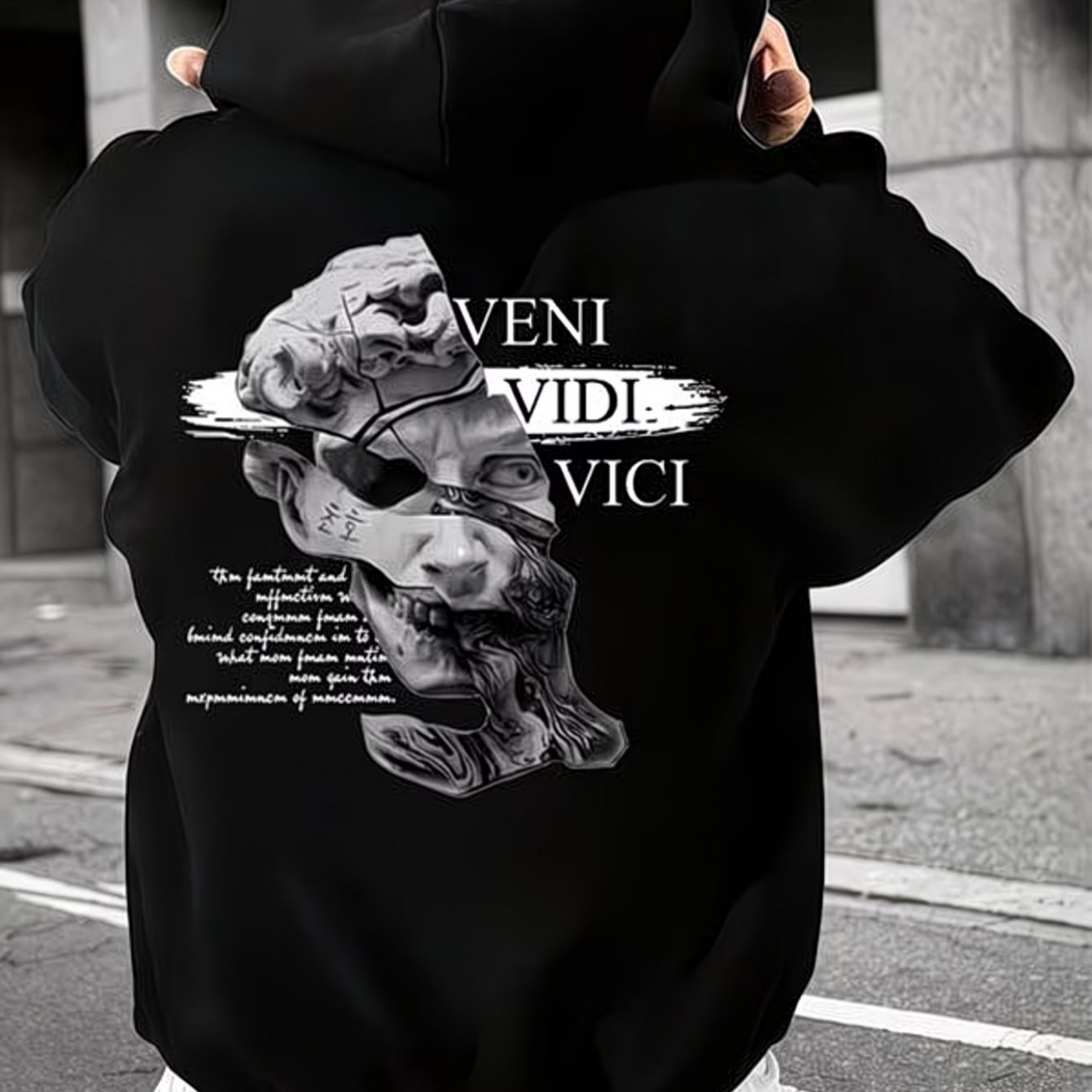 TEMU This Men's Casual Fashion Hoodie Features A Split Statue Design On The Back Along With The Words 'veni Vidi '. A Long-sleeve Pullover Urban