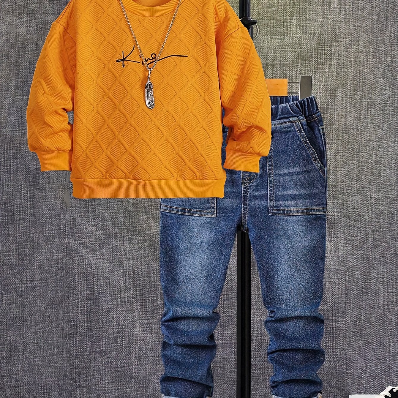 Image of Boys' Long Sleeve Orange Crew Neck Sweatshirt With Stylish English Print Pullover Top, Autumn New Arrival Casual 2pcs Set With Jeans, Perfect For Outdoor