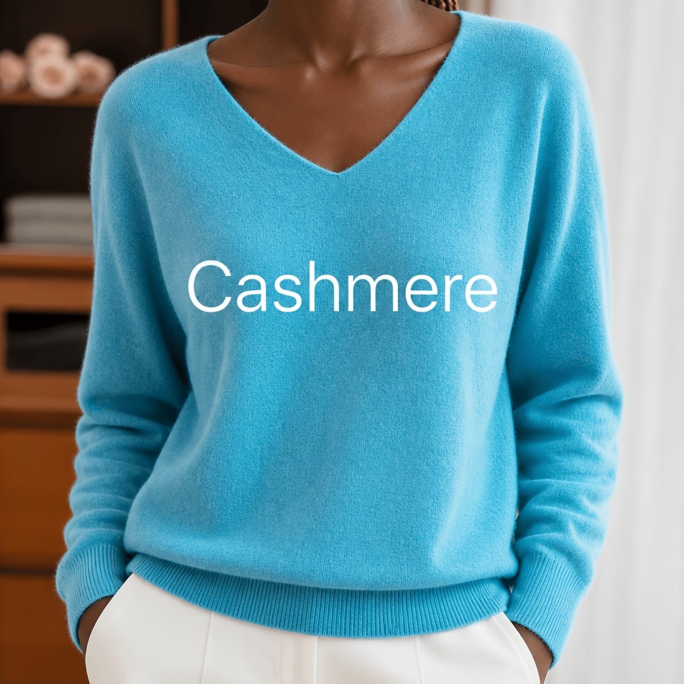 TEMU Women's Cashmere Sweater Suitable For Work & Casual Wear - V-neck Single Button Pullover, Loose Fit Solid Color Sweater With Raglan Sleeves,