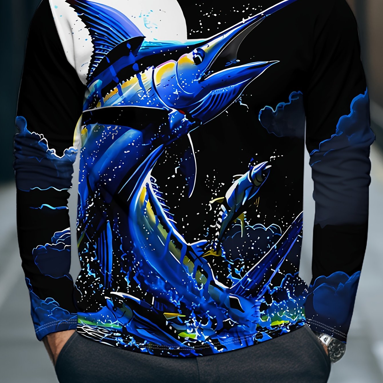 TEMU Men's Spring Autumn Long Sleeve T-shirt, Blue Tuna Print Round Neck Base Layer, Casual Outing Fabric, Machine Washable