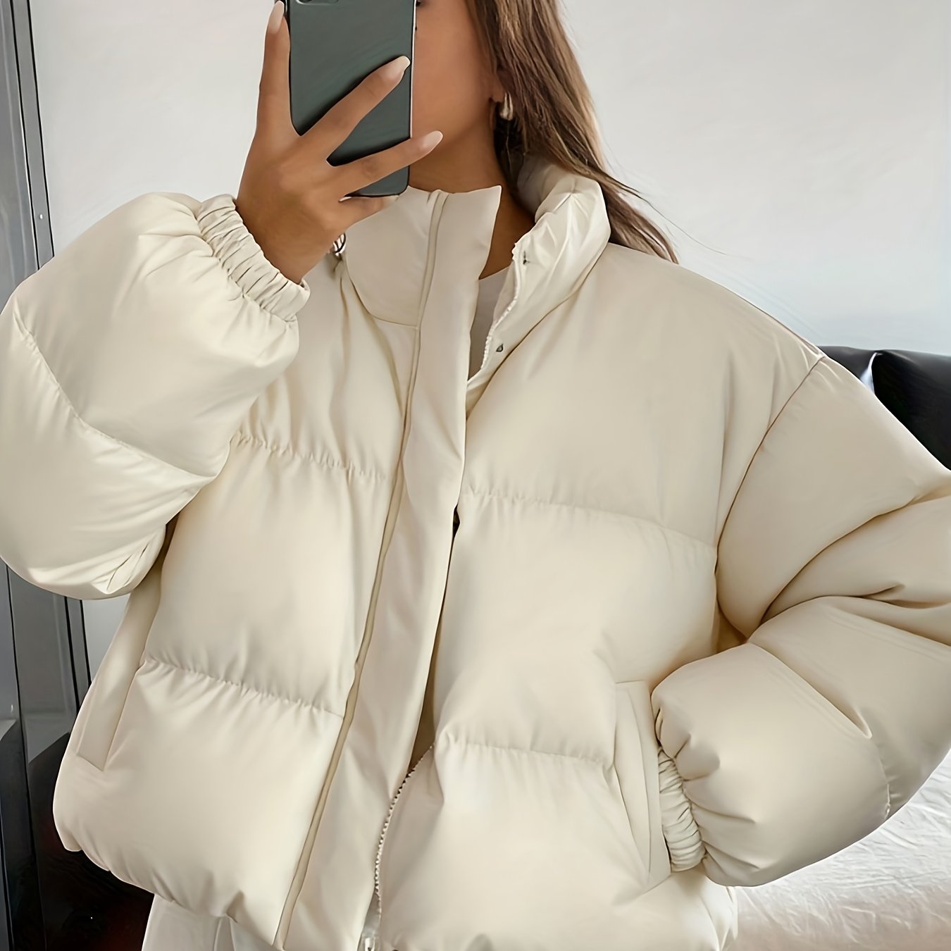 TEMU Mujer, mantente en invierno. Moda y elegante. Chaqueta de cuello con cremallera y color liso.