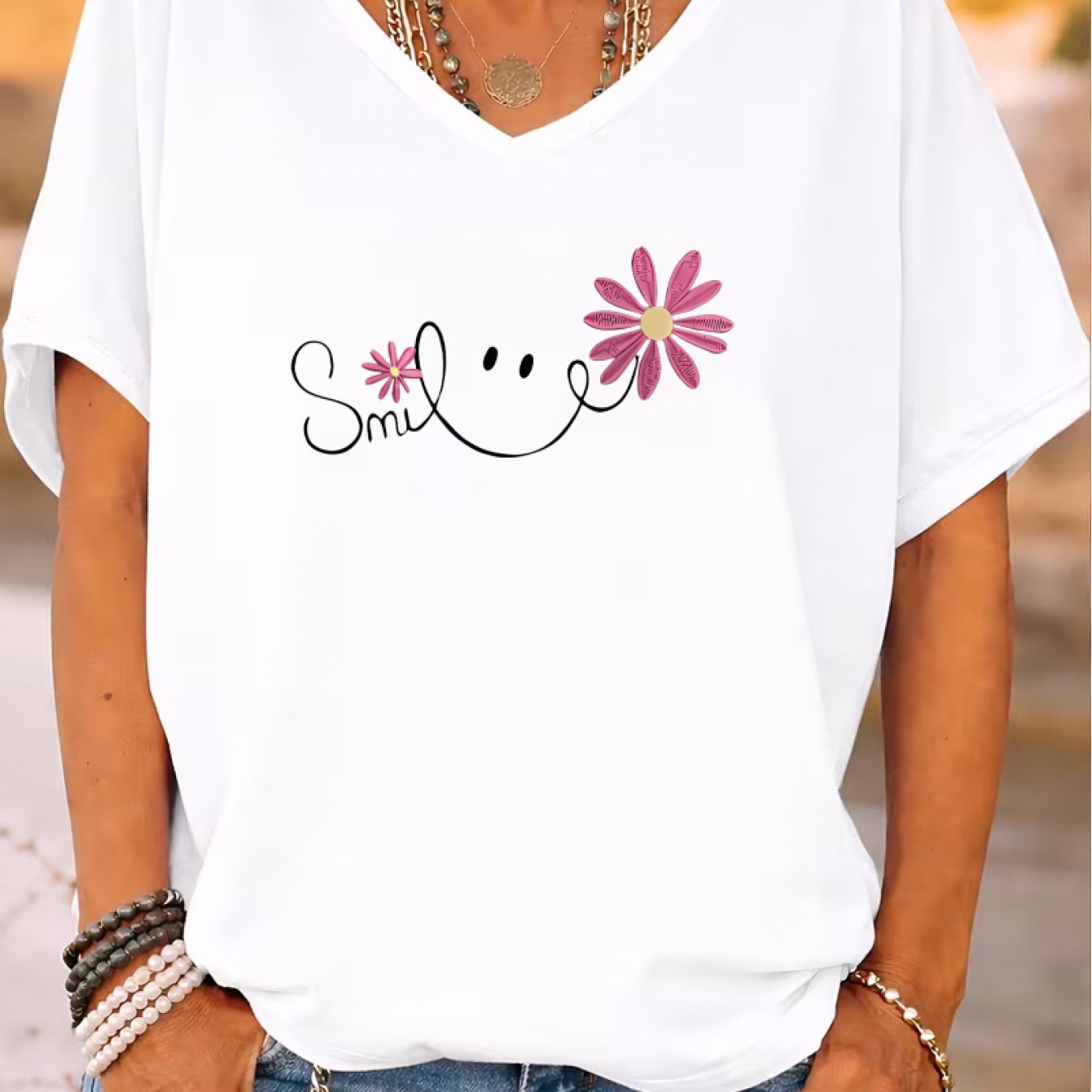TEMU Plus Size, Plus Size Women 1xl-8xl White V-neck Loose T-shirt Summer Fashion "smile" Floral Print Top