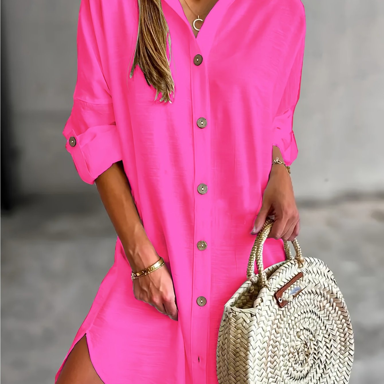 E-shop Damens Casual Langarm-Knopfleistenhemdkleid - Einfarbig mit Reverskragen, Lockerer Sitz, Maschinenwaschbar für Alle Jahreszeiten, Alltagsmode,