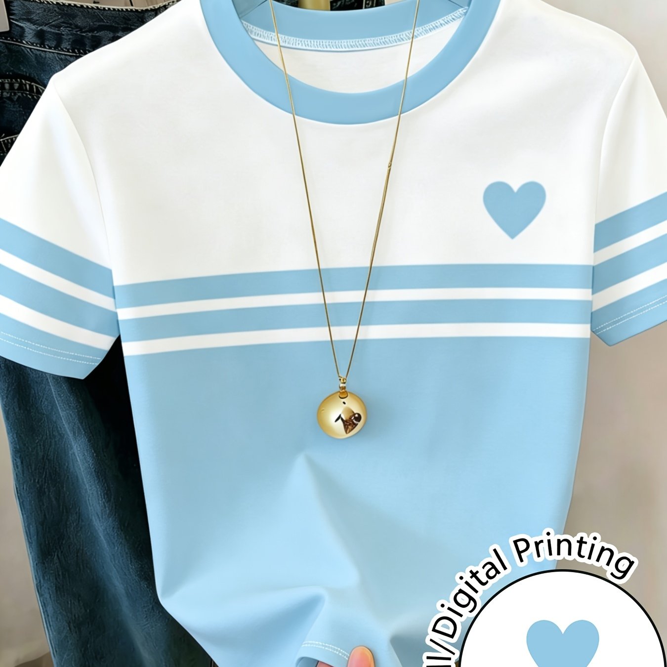 TEMU Women's Printed Stripe Crew Neck Short Sleeve T-shirt, Casual & Comfortable