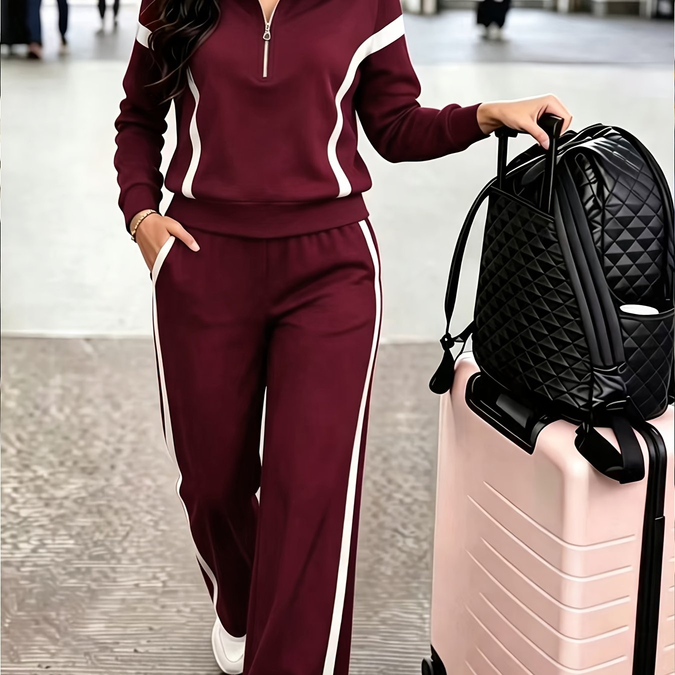 TEMU Temperament Collar Half-zipper Set Women's Spring Autumn Contrast White Stripe Wide-leg Pants Outing Two-piece Suit, Commute And Travel Wear!