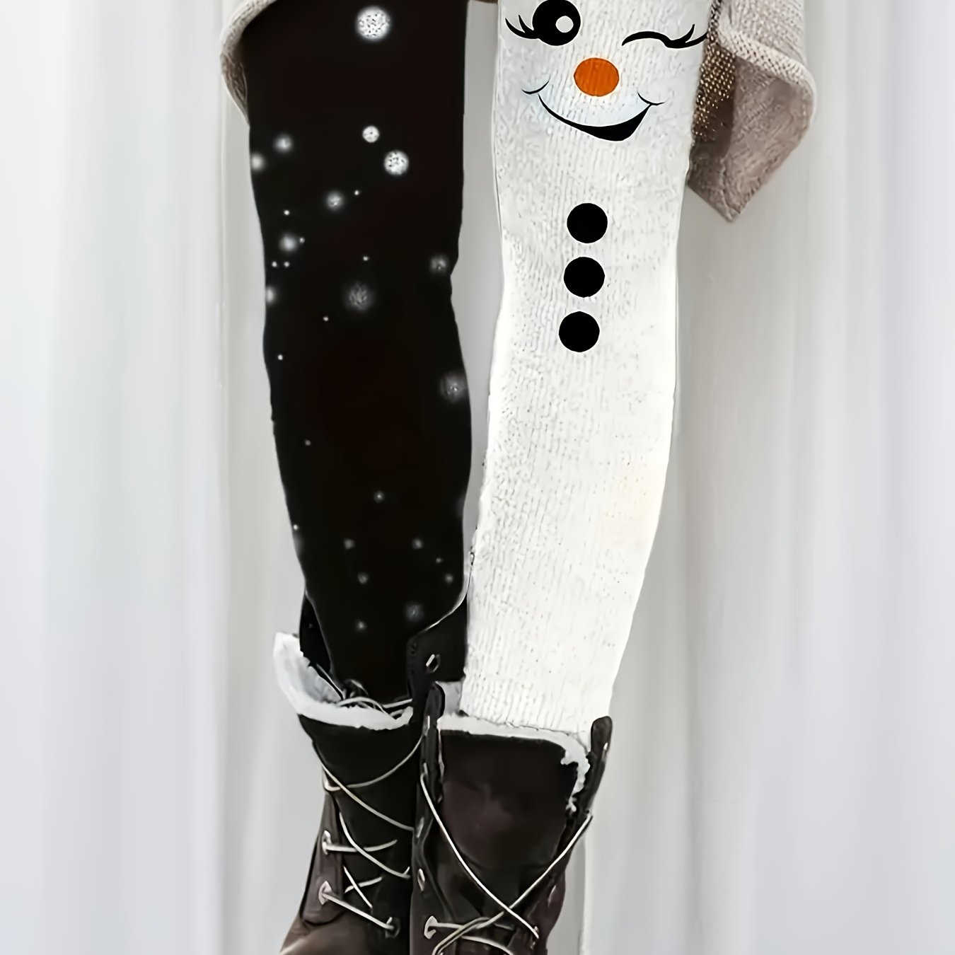 Christmas Black And White Snowman Print Elegant Women's Stretch Leggings