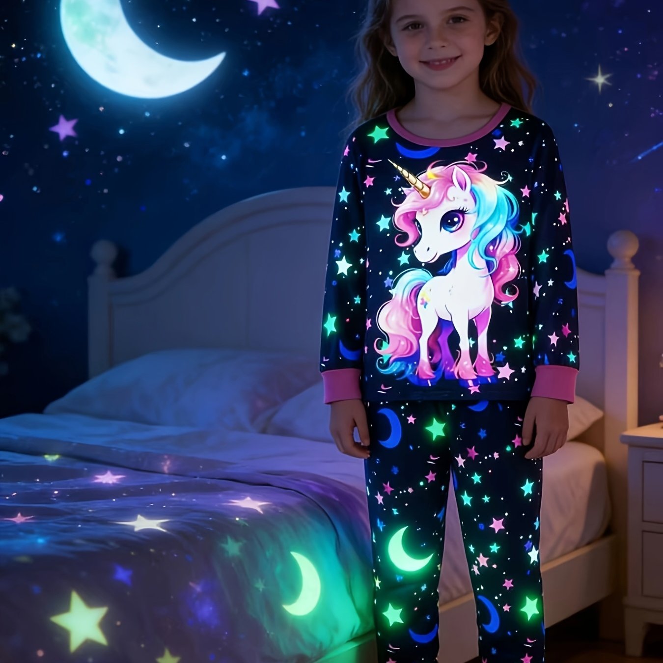 Girl's 2pcs Set, Unicorn Long-sleeve Top And Star-print Pants, Comfortable Pajamas, Perfect Gift For Girls, This Product Only Under Ultraviolet Light Reactive,halloween