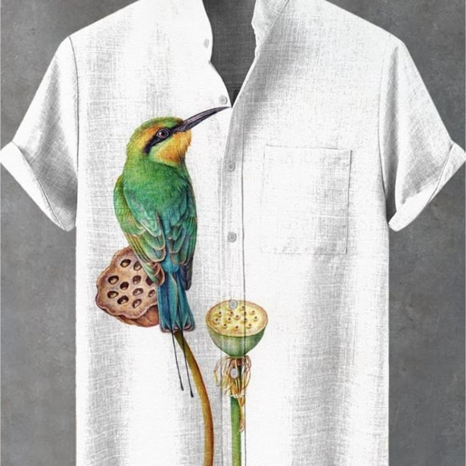 Men's Button-collar Pocket Shirt, And Plant Print, Polyester Fabric, Mixed Colors, Multiple Sizes , Casual Formal Wear, Easy Natural Design