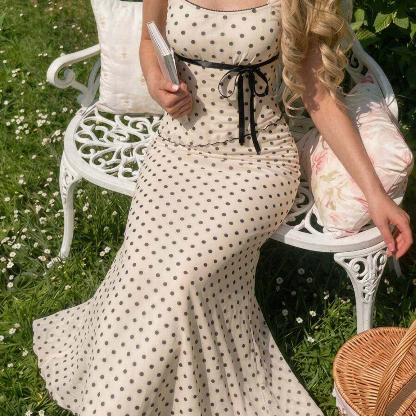 TEMU 2pcs Women's Spring Summer Polka Dot Camisole + Midi Skirt Set | Flutter Sleeve With Mermaid Hem, Retro , Ideal For Dates & Vintage Parties