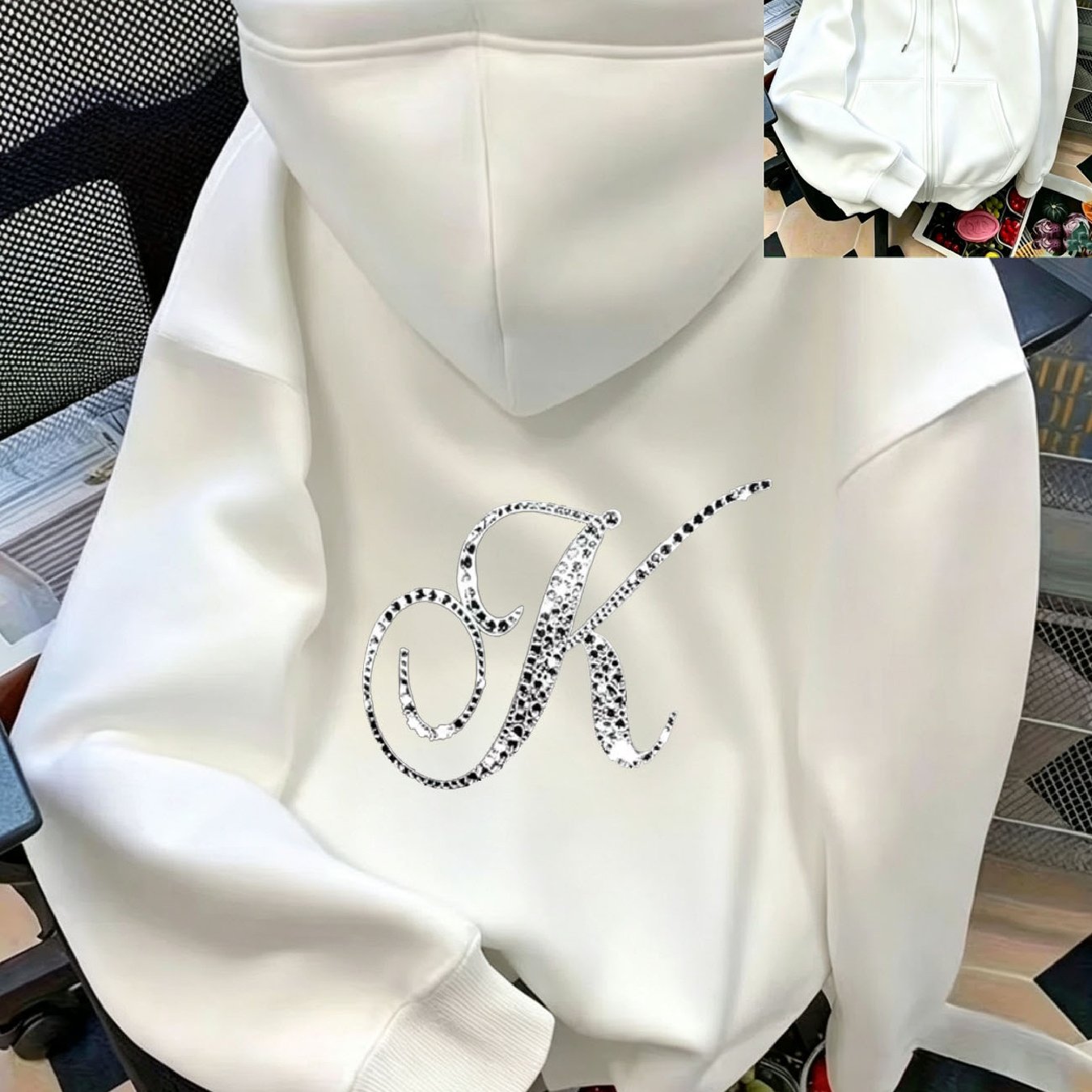TEMU Women's Casual Zipper Hoodie, Rhinestone Letter Print Sweatshirt, Machine Washable , Autumn Winter Warm Pullover, Cute Design, Comfortable Wear