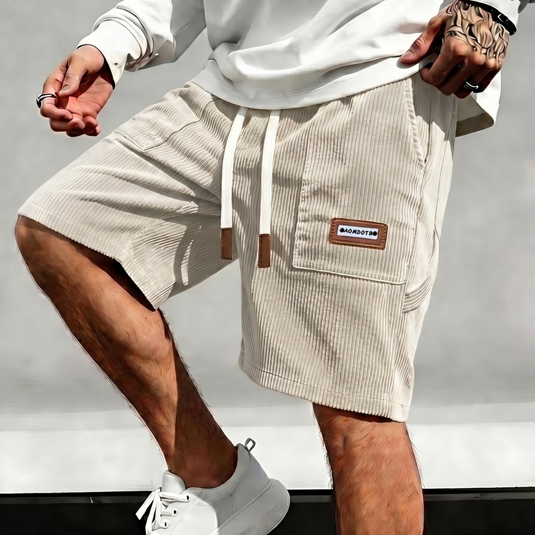 TEMU Plus Size Men's Corduroy Casual Shorts - Drawstring Design At The Waist, Tie Design At The Side And Back, Comfortable Fabric, Big & Tall Casual