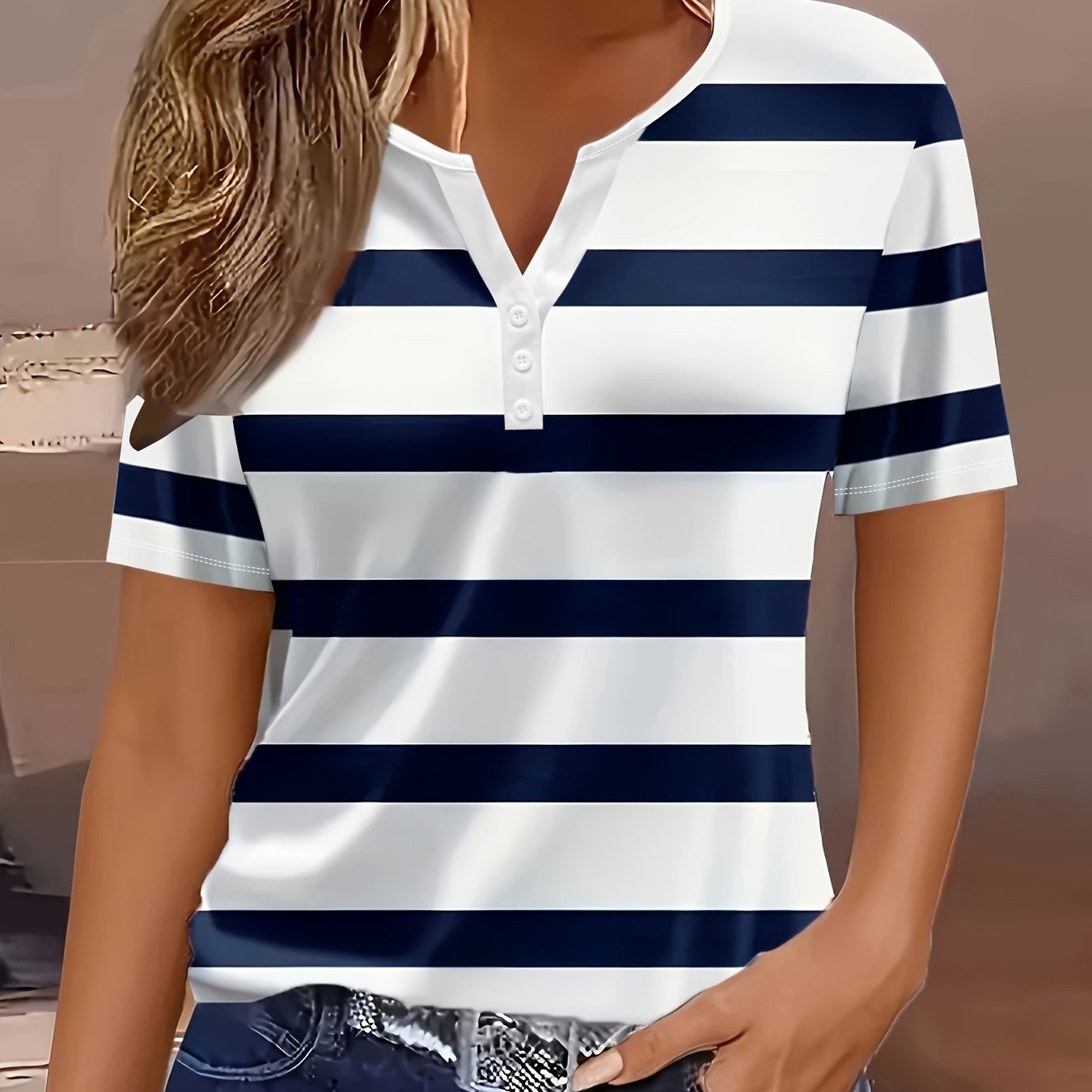 Plus Size - Plus Size - Nova ženska majica s kratkimi rokavi in V-izrezom s črtastim potiskom, priložnostna majica s kratkimi rokavi na gumbe,