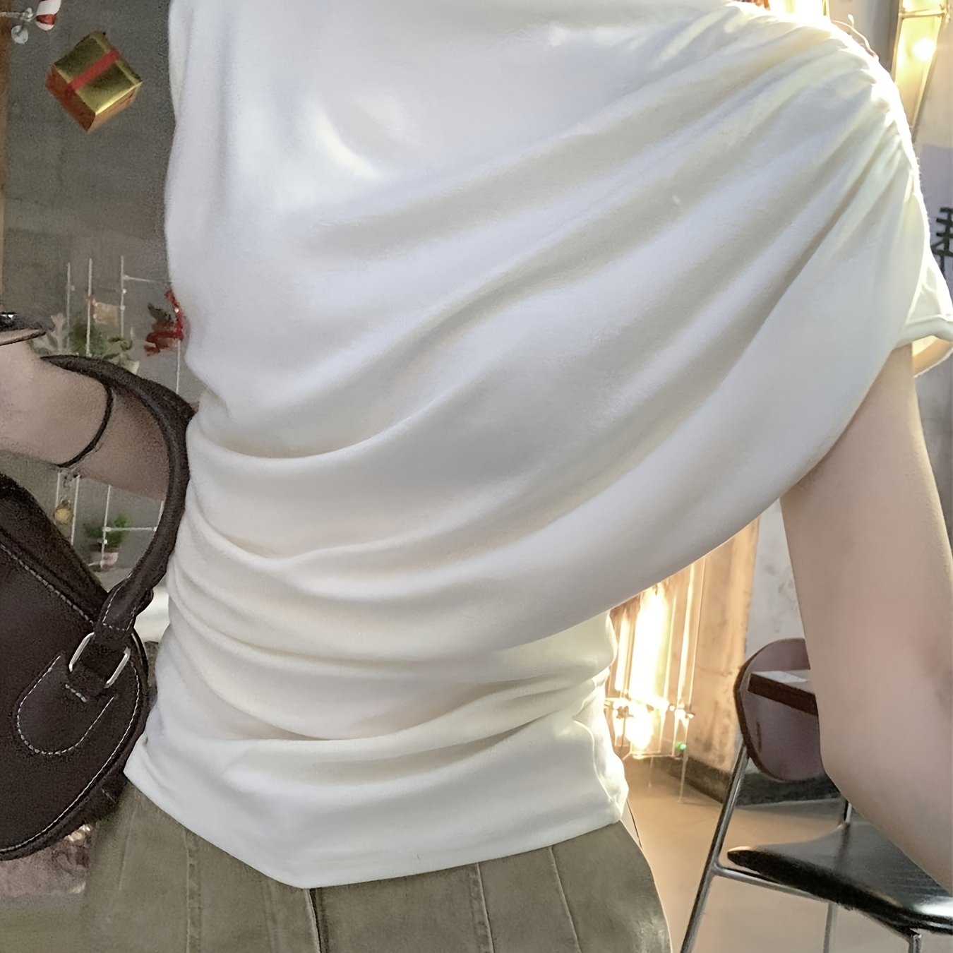 TEMU 여성용 프렌치 스타일 비대칭 하프 터틀넥 티셔츠 - 반팔 블라우스핏 호환 상의, 봄 여름 가을용, 기계 세탁 가능 단색 레이어링 아이템, 캐주얼부터 드레시한 의상까지