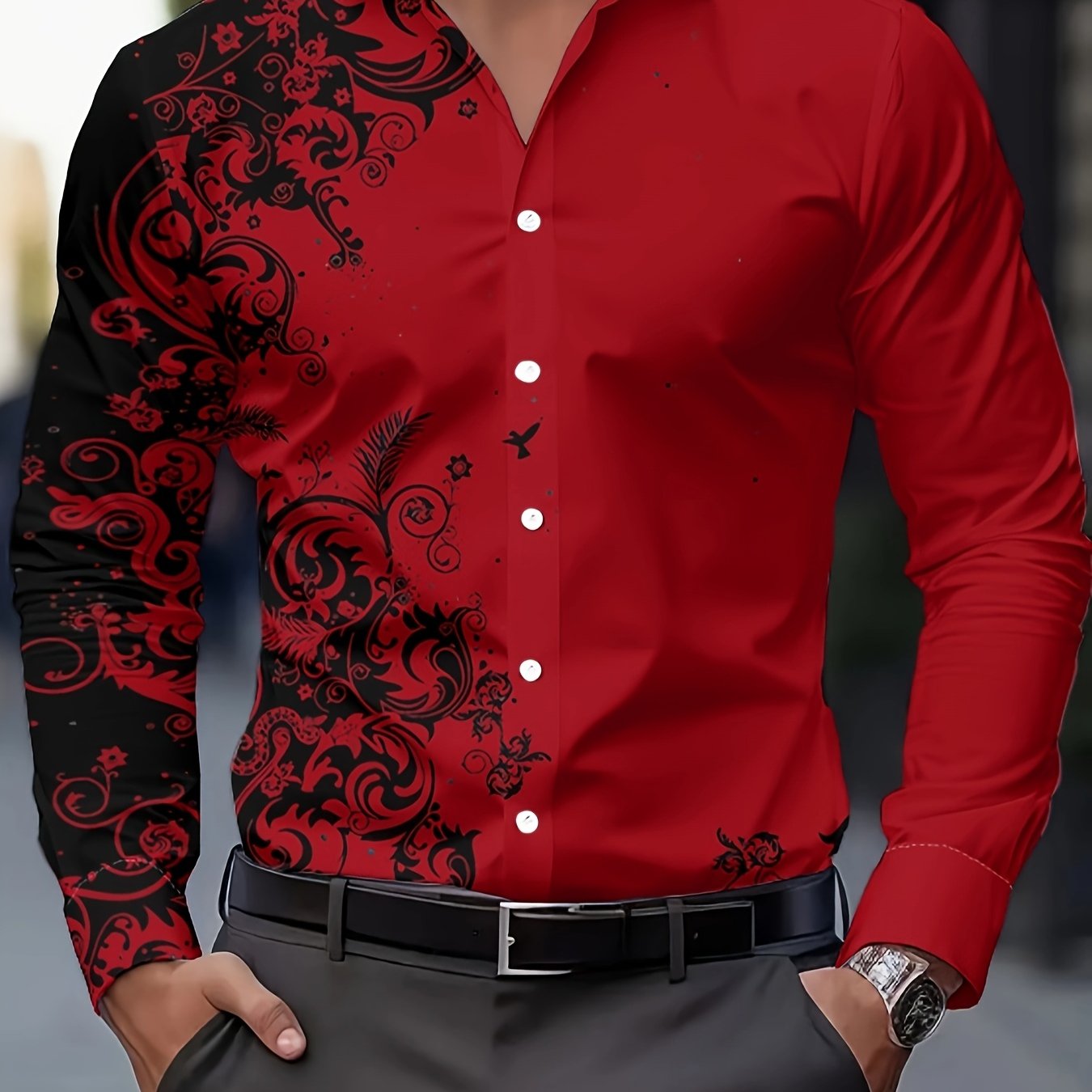 E-shop Stylisches Herrenhemd mit Print, lässiges, atmungsaktives Langarmhemd mit Knopfleiste und Kragen für Frühling und Herbst