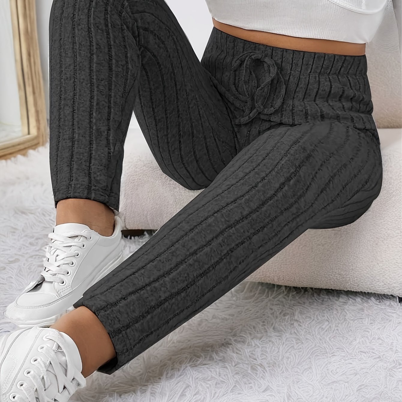 Plus Size - Plus Size - Plus Size Women's Elegant Ribbed Pants With Decorative Drawstring - High Waist