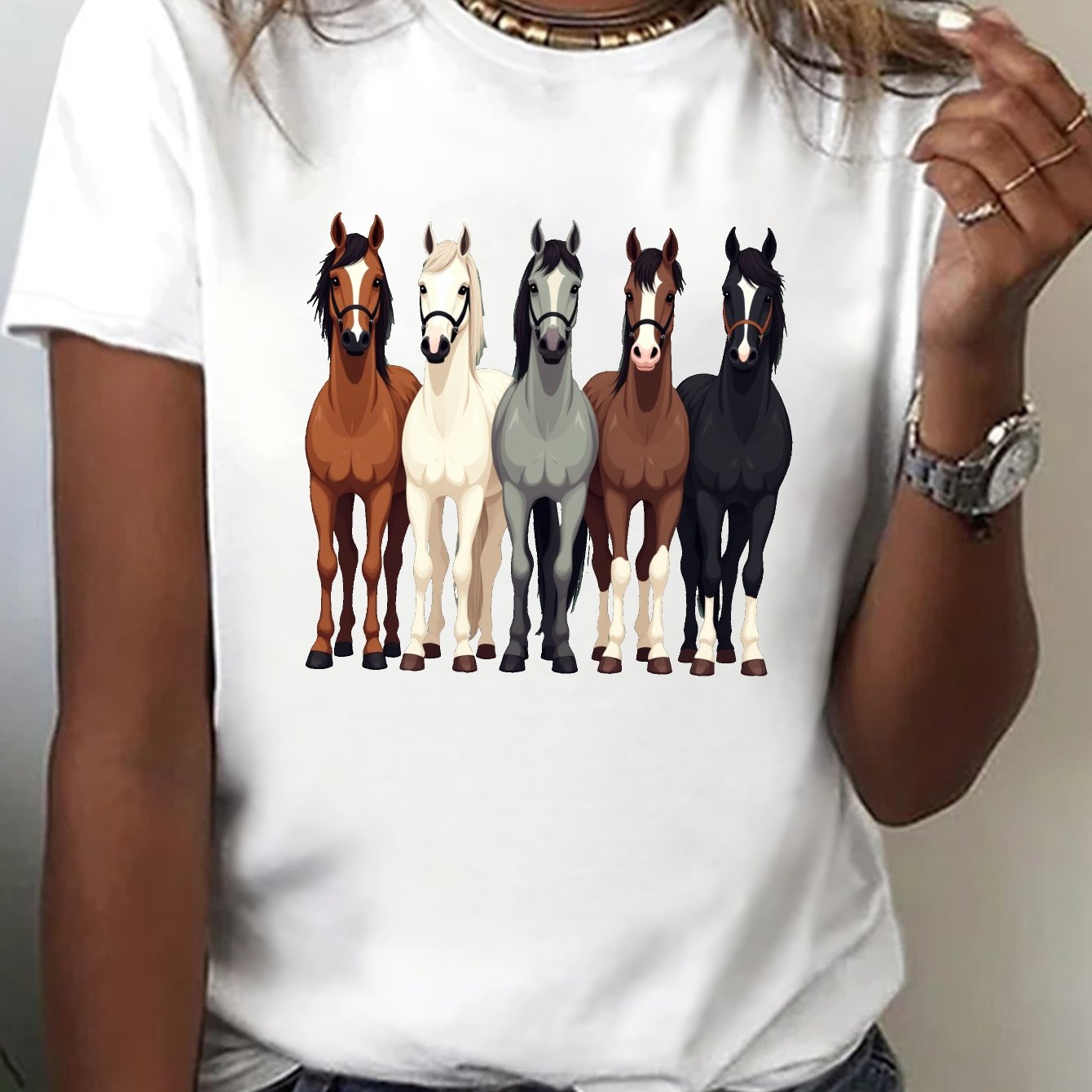 TEMU Women's Casual Short Sleeve Crew Neck T-shirt With Geometric Print - , Medium Stretch, Machine Washable, , Horse Lover Gifts, Summer Outfit,