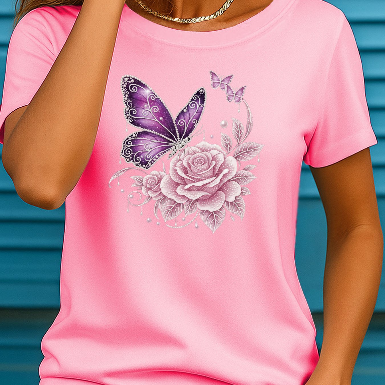 TEMU Soft And Breathable New Style Personalized Sweet Cool Rhinestone Pearl Purple Rose Print T-shirt - Women's Summer Casual Round Neck Short Sleeve