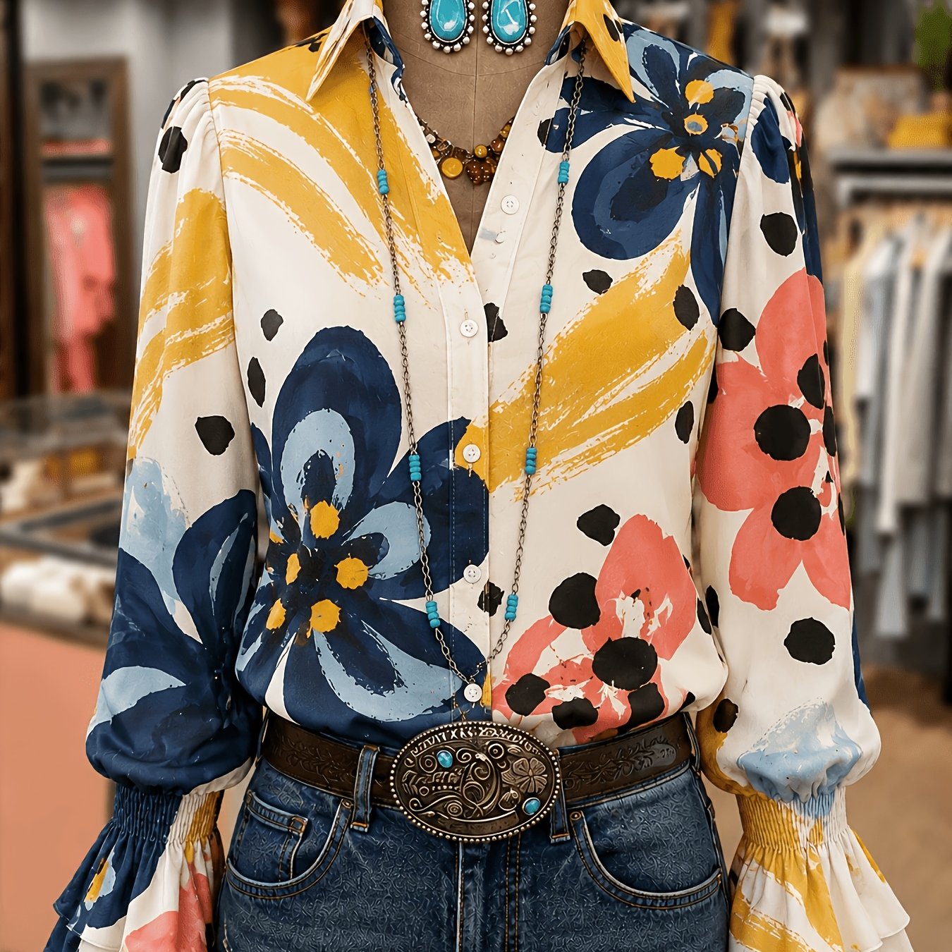 TEMU Haut Femme Élégant Printemps Été Automne Rétro Imprimé Floral Vibrant Manches Cloche Vêtements Femme Élégants pour Voyage Travail