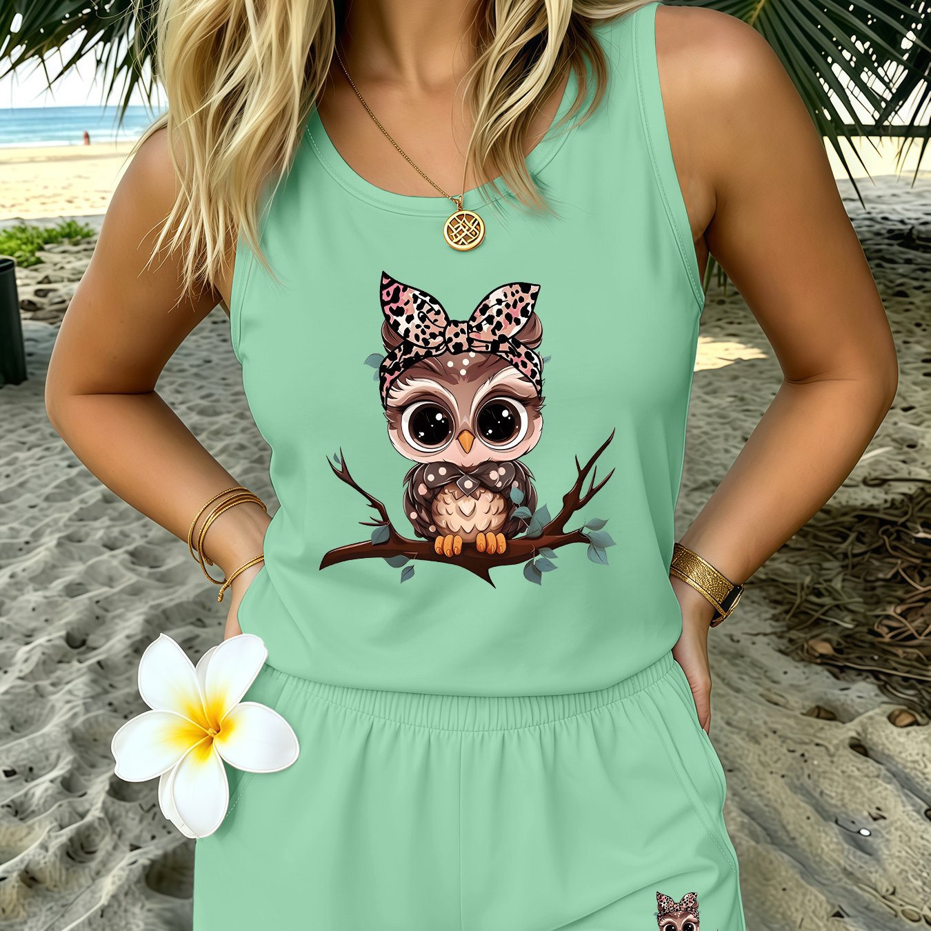 TEMU Plus Size, 2pcs Set: European/ Size Casual Tank Top Set With Owl Print, Summer Women's Top For Daily Commuting, Lazy Set, Sleeveless Top For
